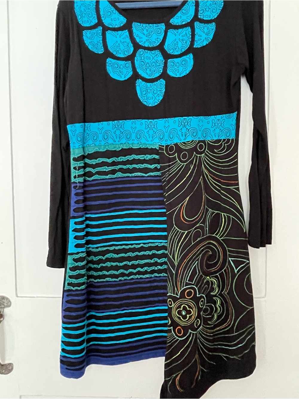 Black Long-Sleeve Dress with Turquoise Patterned Panels